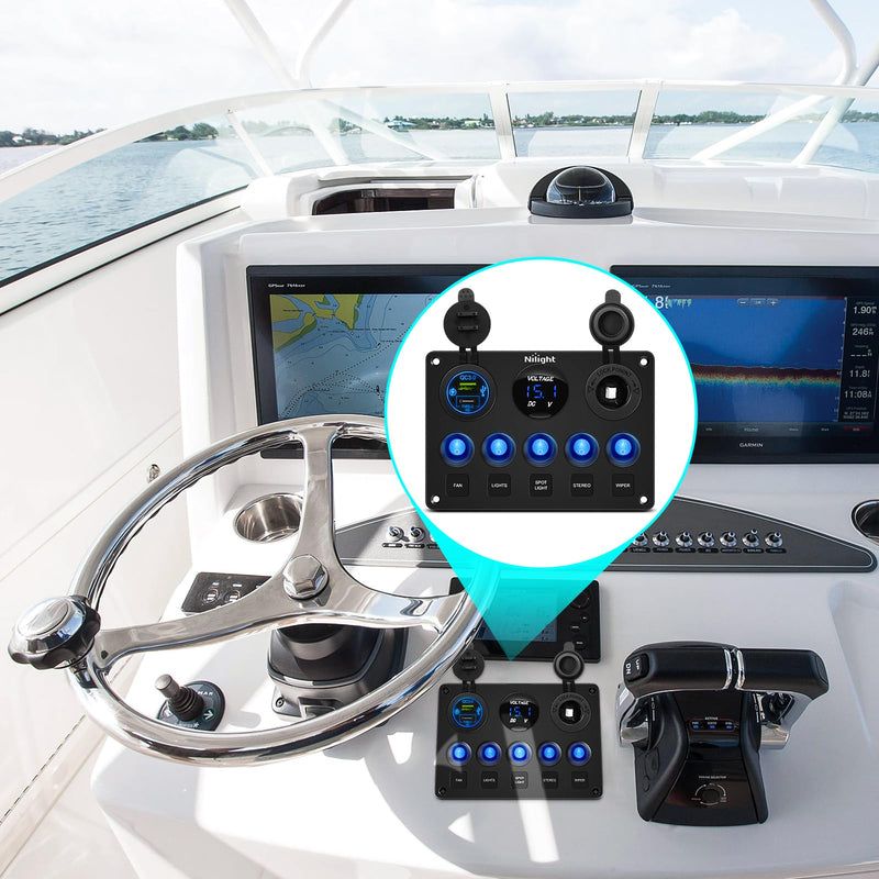 [Australia - AusPower] - Nilight 5 Gang Multi Function Waterproof Switch Panel PD Type C and USB Charger Digital Voltmeter 12V Outlet Rocker with Inline Fuse for RVs Cars Boats Trucks Trailers Waterproof Type C + USB Blue 