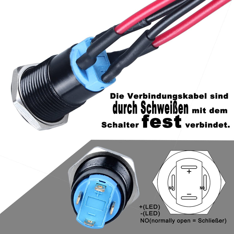 [Australia - AusPower] - JIQI 2 x 12 mm Locking Pressure Switch 12 V to 24 V 2 A Waterproof Self-Holding Black Push Button Switch Made of Metal LED Illuminated Latch On/Off Switch with IP66 1NO for Motorcycle (High Head, Rastend Red Ring 