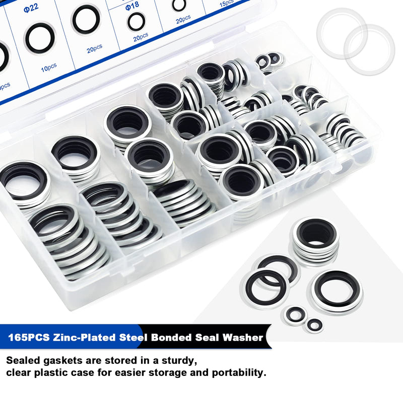 [Australia - AusPower] - 165PCS Bonded Sealing Washers, NBR Metric Zinc-Plated Steel Self-Centred Sealing Rubber Washers, Automotive Seal Gasket Crush O-Ring Assortment Kit Set M6 to M24 165PCS Black Seal Washers 