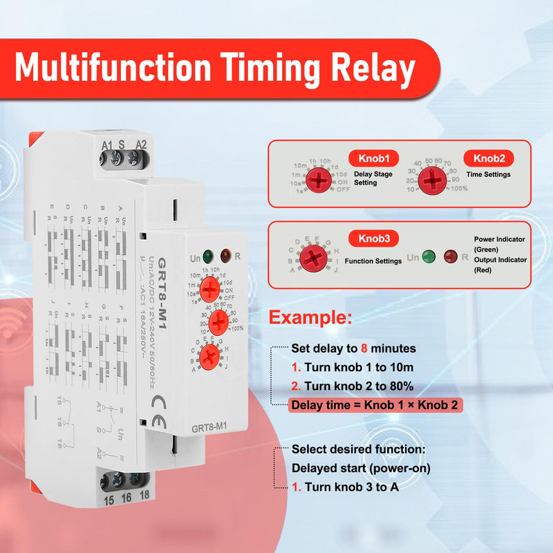 [Australia - AusPower] - Multifunctional Delay Time Relay, GRT8-M1 AC/DC 12V-240V Wide Voltage Relays Timer, 10 Functions Delay ON Off, DIN Rail Mount Timer Relay for Industrial Control & Smart Home 