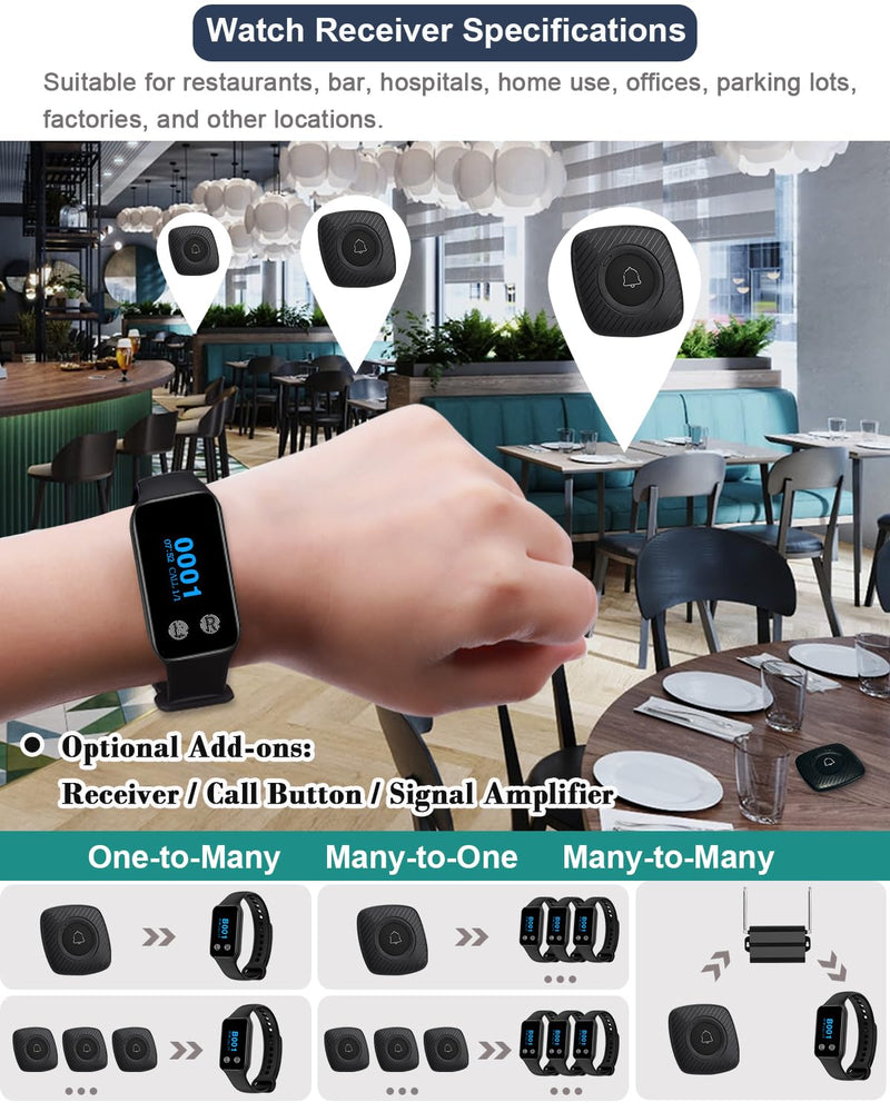 [Australia - AusPower] - Caregiver Call Button Wireless Caregiver Pager 400+ Feet SOS Alert Nurse Calling System for Seniors Patients Nurse Emergency Clinic (1 Call Button(M1BB) + 1 Watch Receiver(200VT)) 1 call button(M1BB) + 1 watch receiver(200VT) 