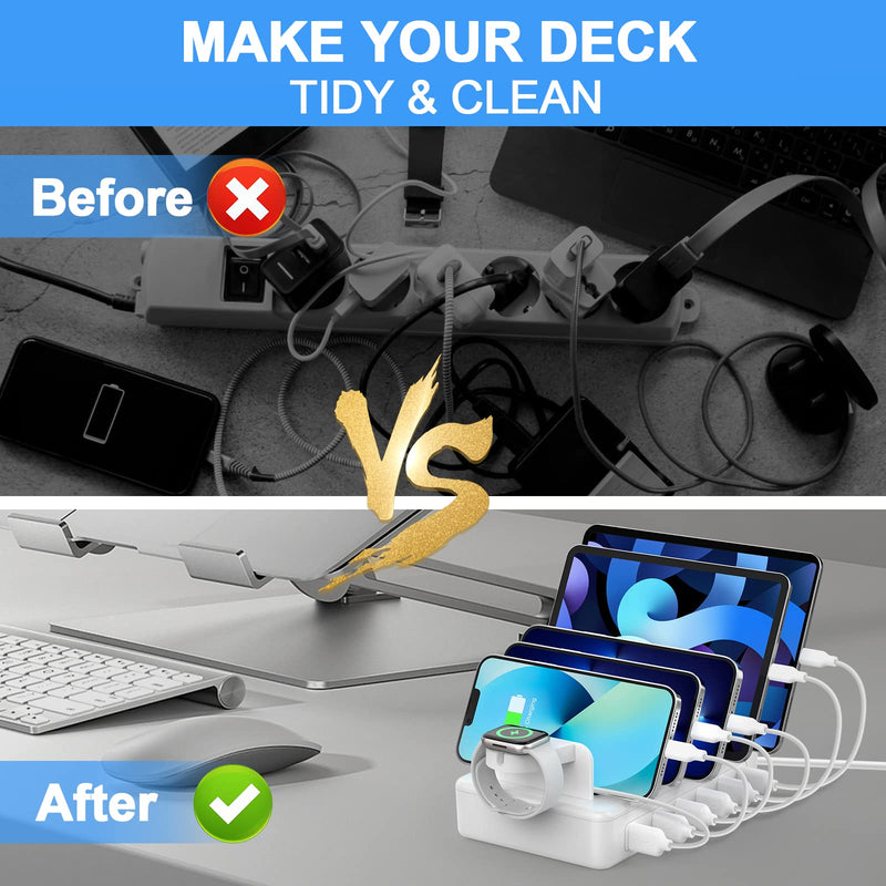 [Australia - AusPower] - CREATIVE DESIGN Charging Station for Multiple Devices,50W 6 Ports Charging Dock with 6 Cables Compatible with Cellphone,Tablet, Kindle, Apple Watch and Other Electronic White 