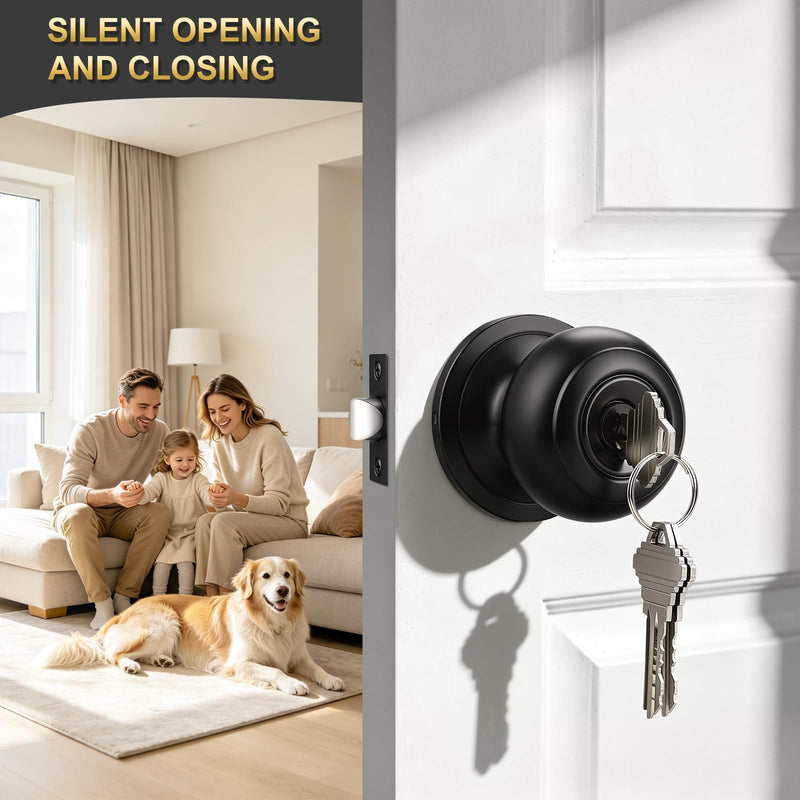 2 Pack Keyed Entry Door Knob, Entrance Door Lock, Keyed Different, Flat Ball, Matte Black Interior and Exterior Entry Door Knobs 2
