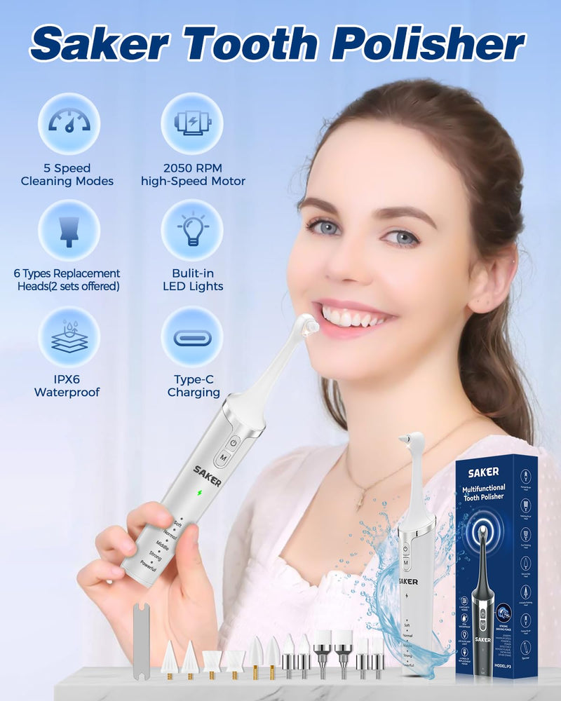 [Australia - AusPower] - Saker Tooth Polisher, 2 Set Replacement Polishing Brush Heads(12pcs) Included, Rechargeable Tooth Polishing Kit, Dental Teeth Polisher with LED Light, 5 Speed Modes, Waterproof - White 