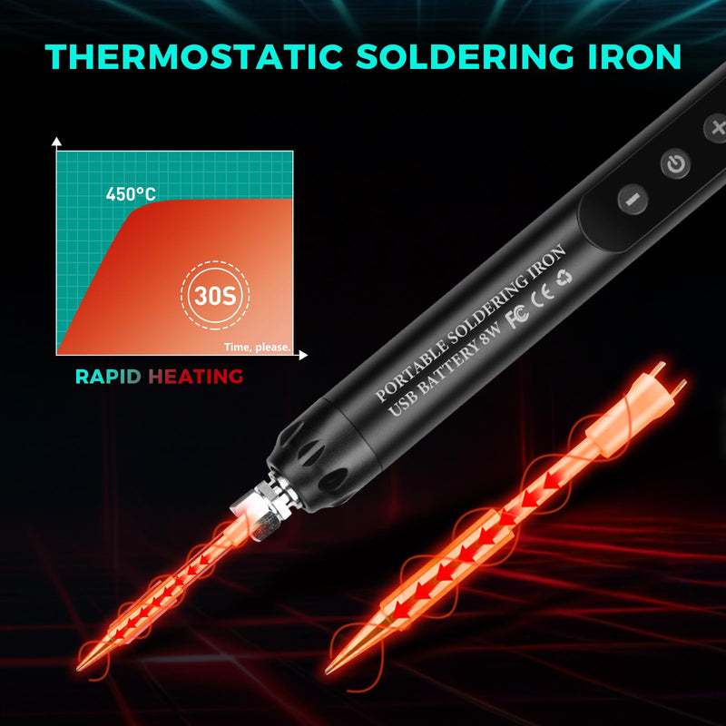 USB Soldering Iron Set with LCD, Battery Soldering Iron, Ceramic Heating Core, Adjustable Temperature 200-450°C, 3 Soldering Tips, Mini Soldering Station, Suitable for Small Repair such as Circuit Boards and Jewelery Wireless Black