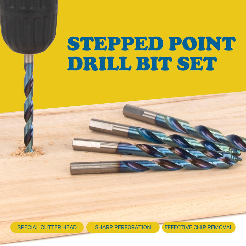 19 Piece Cobalt Stepped Point Drill Bit Set, CLEVEROOL HSS Turbo lmpact Step Drill Bit with Blue Oxide Finish for Stainless Steel Acrylic Iron Wood 19 Pieces