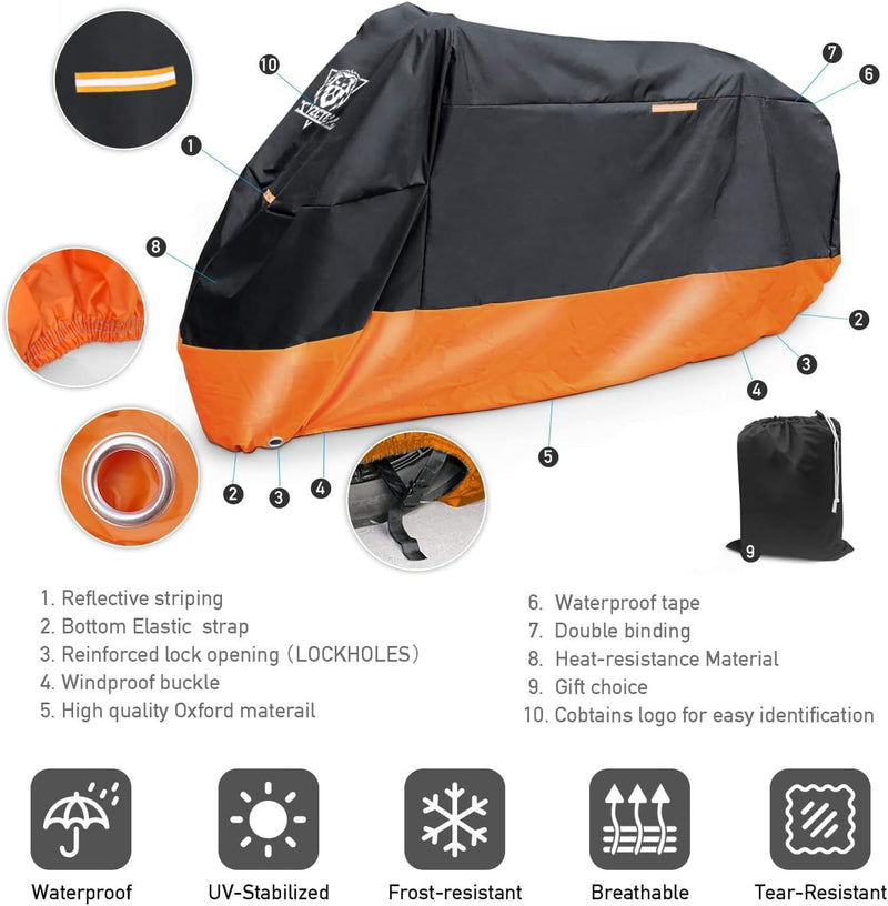 XYZCTEM Motorcycle Cover – All Season Waterproof Outdoor Protection – Precision Fit up to 97 Inch Tour Bikes, Choppers and Cruisers – Protect Against Dust, Debris, Rain and Weather (Black& Orange) 97"