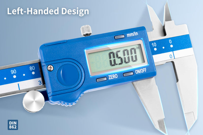 [Australia - AusPower] - Dasqua Left Handed Digital Caliper - 6 Inch, Precise Stainless Steel Measuring Tool, ±0.02mm Accuracy,Auto-Shutoff,and Large LCD Display – Ideal for Metalworking, Woodworking, and DIY 