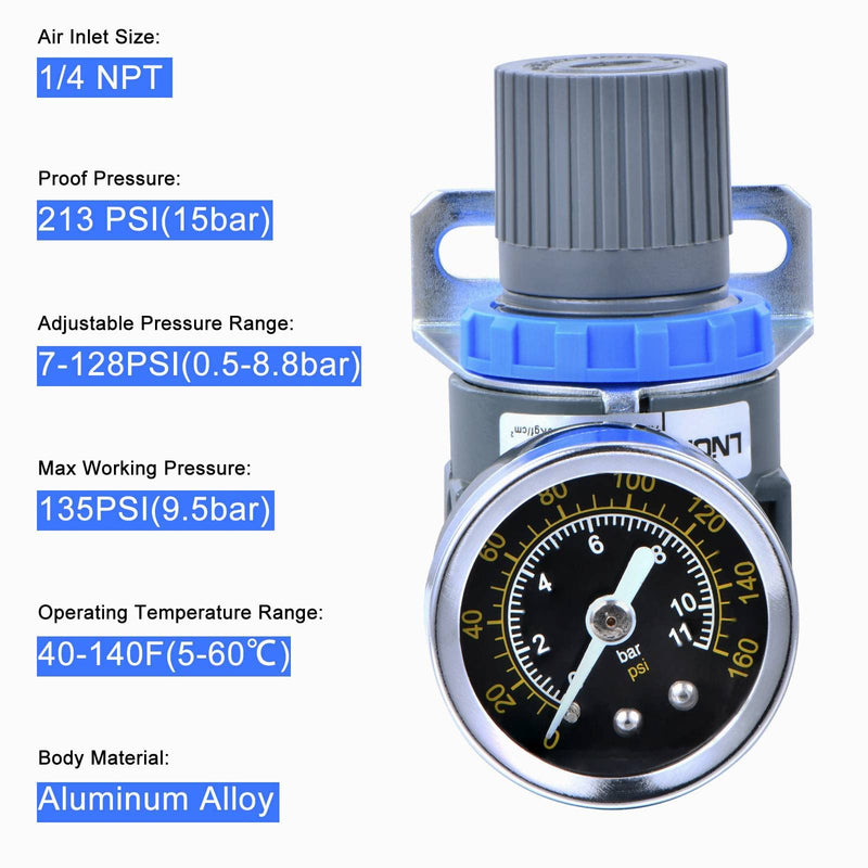 [Australia - AusPower] - 1/4 Inch NPT Thread Air Pressure Regulator with Gauge Mini Air Control Valve for Air Compressor or Air Tools (0-145PSI) Blue 1/4" Air Regulator+PC Fittings 
