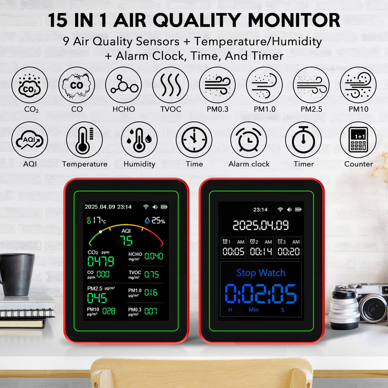 [Australia - AusPower] - Air Quality Monitor Home Indoor - 15-in-1 Professional Air Meter with HCHO, CO2, PM, TVOC, AQI, Temperature & Humidity, Real-Time Display, App Control, Portable, Accurate for Home & Office Use 