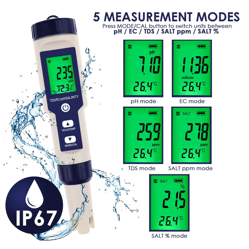 [Australia - AusPower] - Pentype Multi-Paramater 5-in-1 Water Quality Tester (pH/TDS/EC/Temp/Salinity) Waterproof Digital Meter Household Industrial Laboratory Analysis 