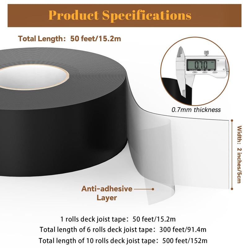 Joist Tape for Decking 2'' X 50'- 6 Rolls, Waterproof Butyl Deck Tapes 2 Inch, Weather Resistance, Anti-Corrosion, Self-Adhesive Flashing Decking Tape for Wood Joists Decks Beams 2" x 50'