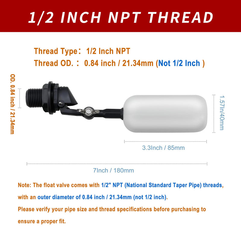 [Australia - AusPower] - 6 Pack Float Ball Valve, 1/2 Inch NPT Thread, OD. 0.84 inch (21.34mm), not 1/2 inch, Adjustable Arm for Livestock Water Trough, Aquariums, Hydroponics - Automatic Fill and Control Water Level 6 
