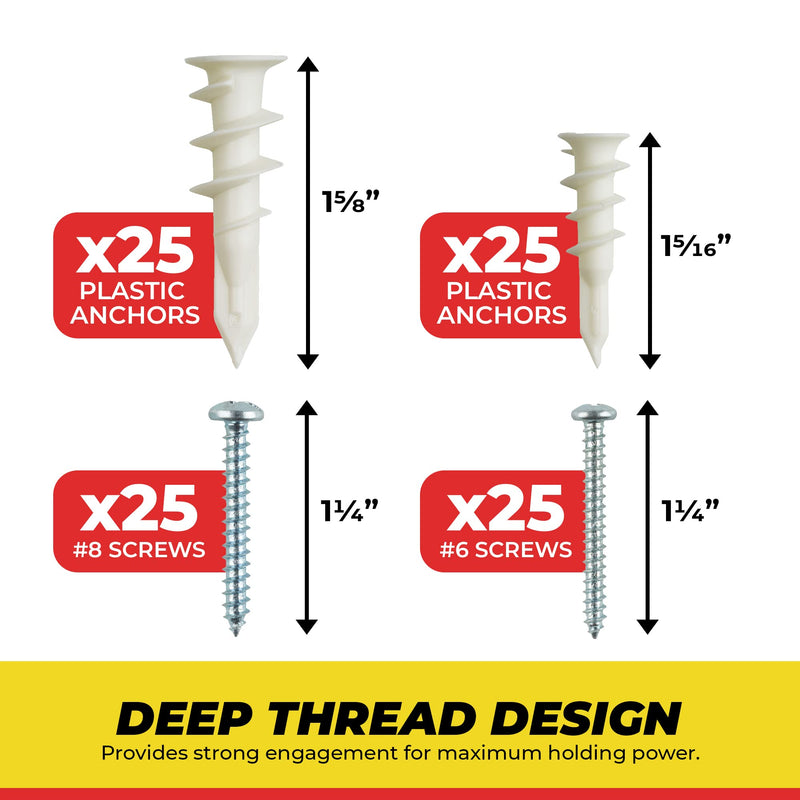 [Australia - AusPower] - Qalihome Plastic Self Drilling Drywall Anchors and Screws Kit | Includes 25 Small Drywall Anchors, 25#6 1-1/4 Inch Screws, 25 Large Anchors, 25#8 X 1-¼ Screws & Reusable Case 