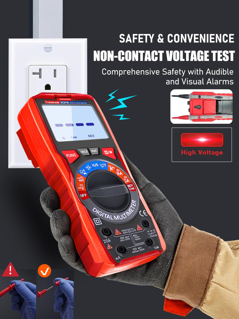 [Australia - AusPower] - Digital Multimeter TRMS 6000 Counting,with DC AC Voltmeter Ohm Volt Amp Meter Temperature Frequency NCV Measures Voltage Current Resistance Diode Continuity Capacitance, Home, Automotive Battery Test 