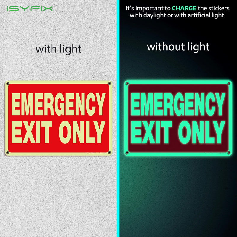 iSYFIX Emergency Exit Only Glow in the Dark Sign – 6 Pack 10x7 Inch – 40 mil Thick Polystyrene Plastic Sign, Laminated UV, Scratch & Fade Resistance, Waterproof, Indoor & Outdoor 6 Pk 10x7 Plastic Glow