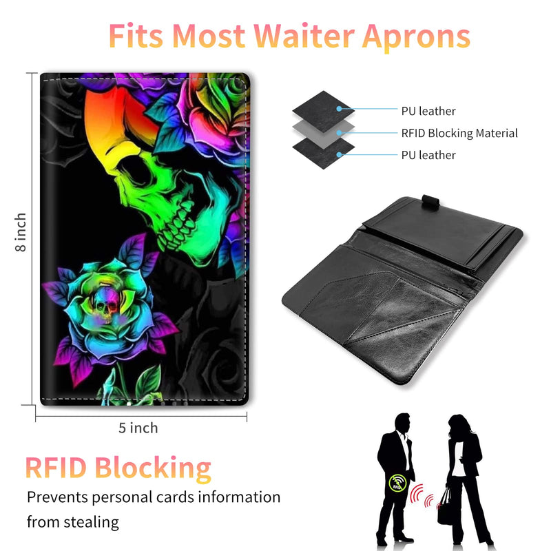 [Australia - AusPower] - Server Book for Waitress, Leather Waiter Book Server Wallet with Hidden Zipper Pocket Pen Holder Cute Waitress Book&Waitstaff Organizer with Money Pocket Fit Server Apron,Colorful Skull Rose Flower AUOX2-CDB-01-A214 5" x 8" Server Books 