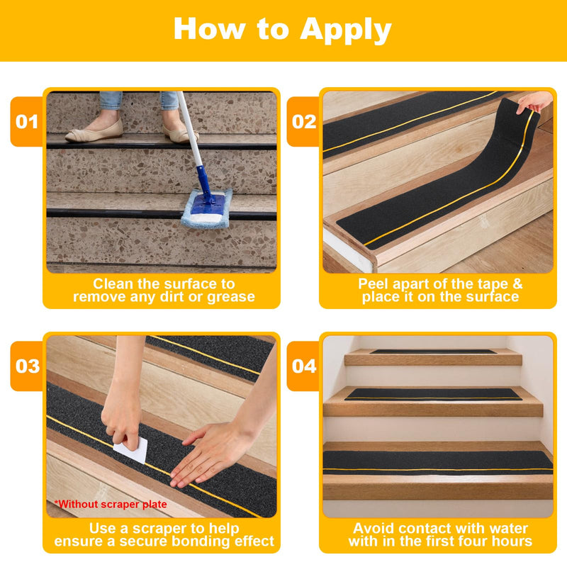 10-Pack 6" X 30" Anti-Slip Stair Treads with Reflective Strips, High Traction Non Skid Grip Tape for Outdoor Wooden Steps, Decks and Ramps