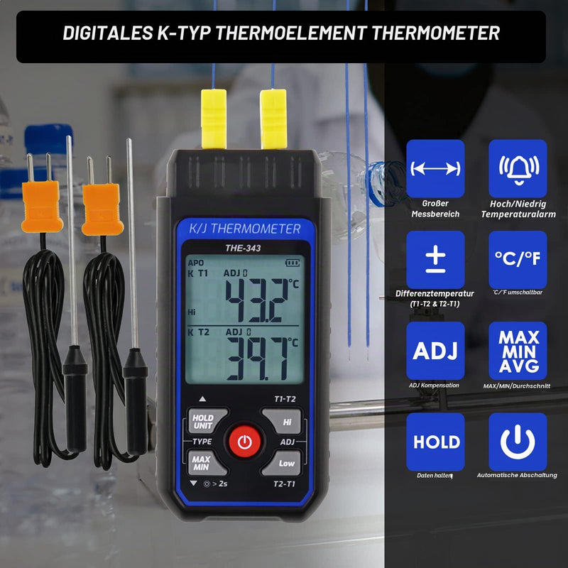 Thermocouple Thermometer, Digital K Type Thermometer with 4 Thermocouples, -200-1372℃ Measuring Range HVAC Thermometer Dual Channels, Temperature Meter LED Backlight and ADJ Compensation