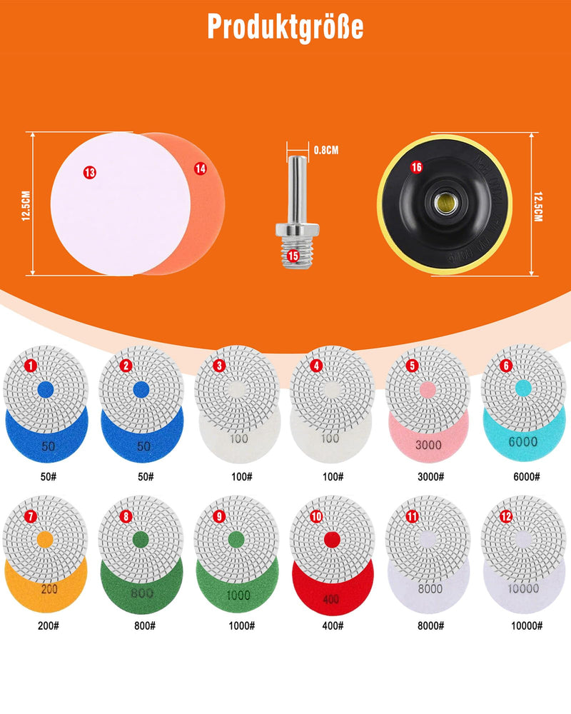 Sanding Disc Polishing Set 125 mm Dry Polishing Discs Pack of 16 | Marble Polishing Kit with M14 Rubber 50#-10000# Backing Pad Sandpaper for Concrete Granite Stone Marble 16pcs-125mm