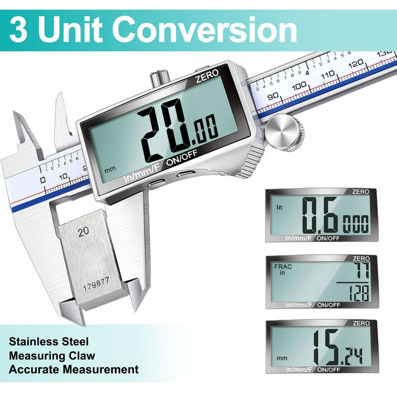 Kynup Digital Caliper 150mm Calliper with Large LCD Display | Digital Measuring Gauge, Inch/mm/Fraction Diverter Stainless Steel Precision Measuring Tool for DIY, Workshop and Woodworking silver full screen