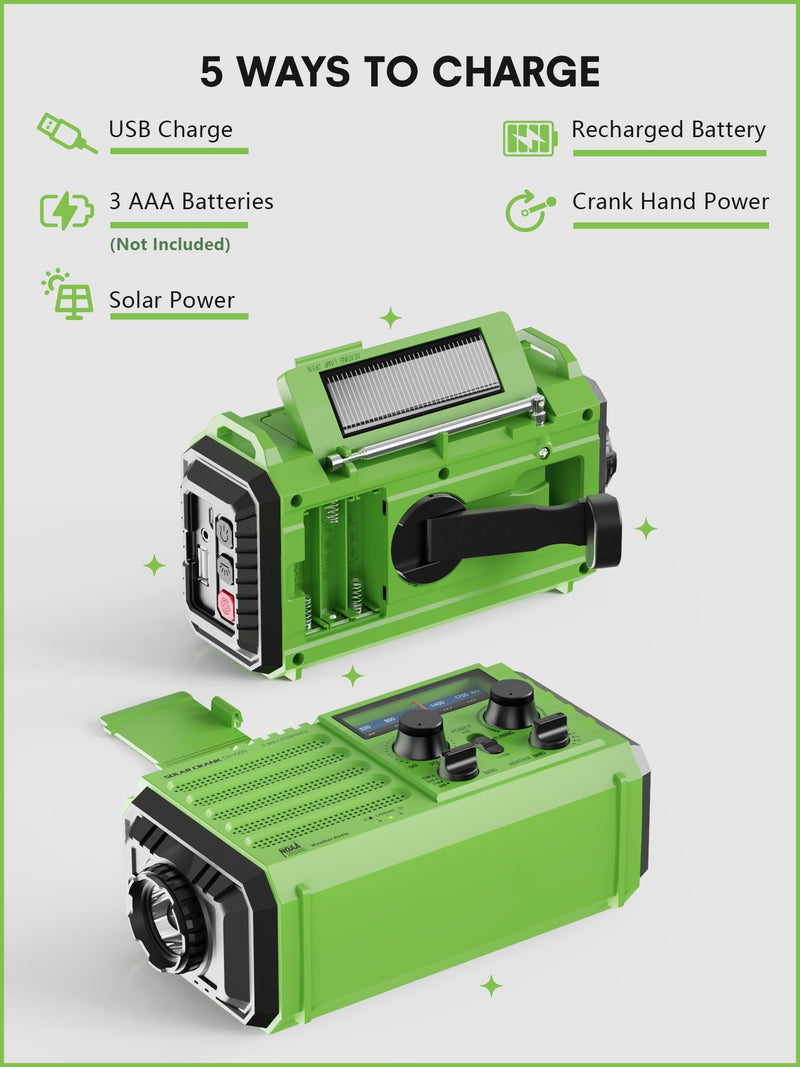 [Australia - AusPower] - Weather Radio Raynic Solar Hand Crank Emergency Radio 5 Ways Powered AM/FM/SW/NOAA Weather Alert Portable Radio with Flashlight, Reading Lamp (Green) Green 