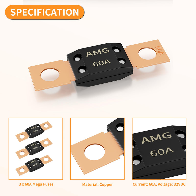 [Australia - AusPower] - Joinfworld 60A MEGA Fuse, High Current Bolt Mount Automotive 60 Amp MEGA/AMG Fuse for Cars, Trucks, Construction Vehicles, Buses, Boats - 3Pcs 