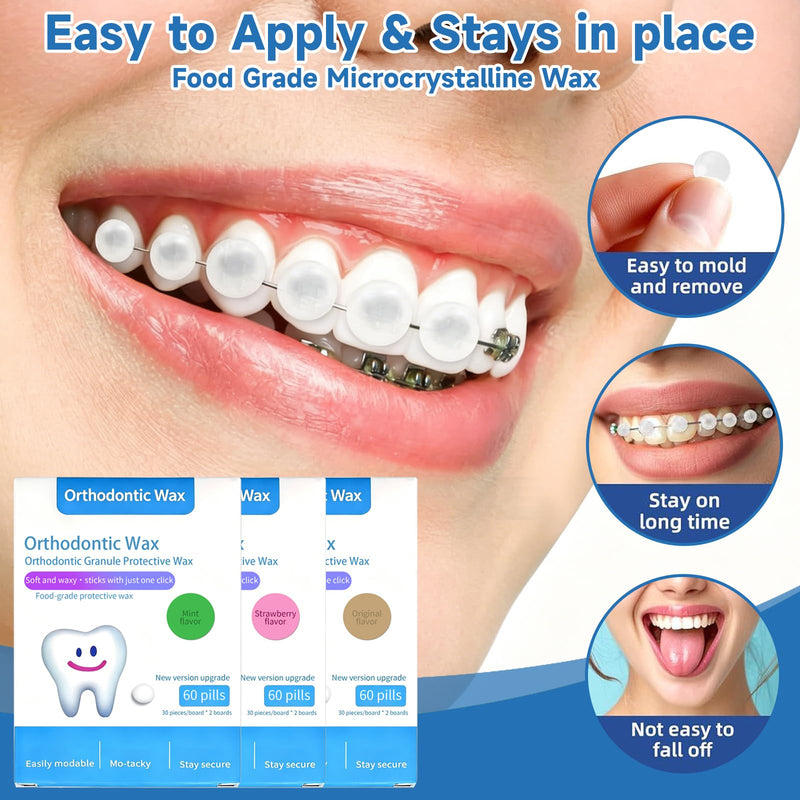 Pack of 180 Orthodontic Wax, Individually Packed, Relieves Irritation and Pain Caused by Friction of Braces, Suitable for Braces (Mint, Strawberry, Original)