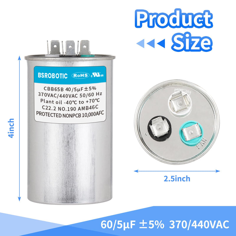 [Australia - AusPower] - 40/5 440v CBB65B AC Capacitor - 40+5 uf ±5% MFD 370/440 Volt Dual Run Round Capacitor, CBB65 Dual Run Circular Start Capacitor for AC Motor Run or Fan Start or Condenser Straight 40uf01 