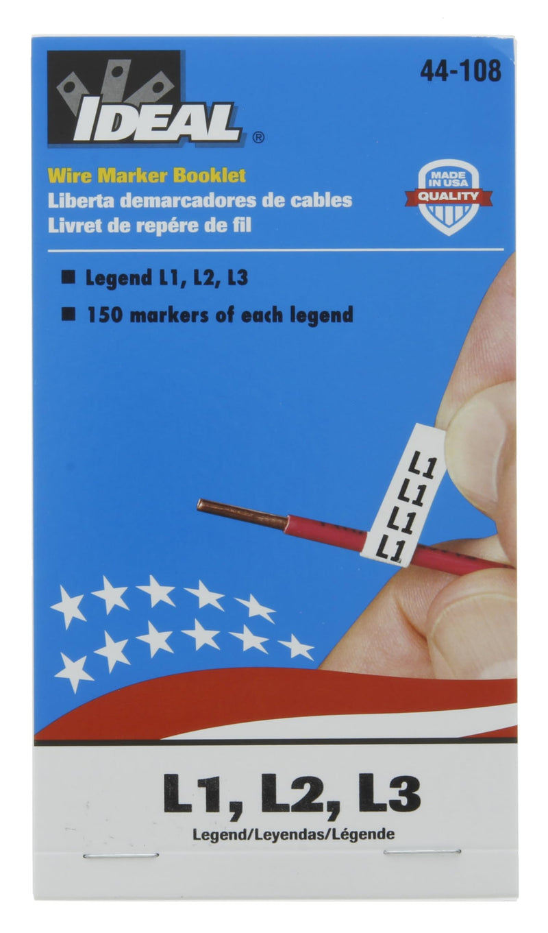IDEAL INDUSTRIES 44-108 Wire Marker Booklet, Asst L1, L2, L3, 150 Each