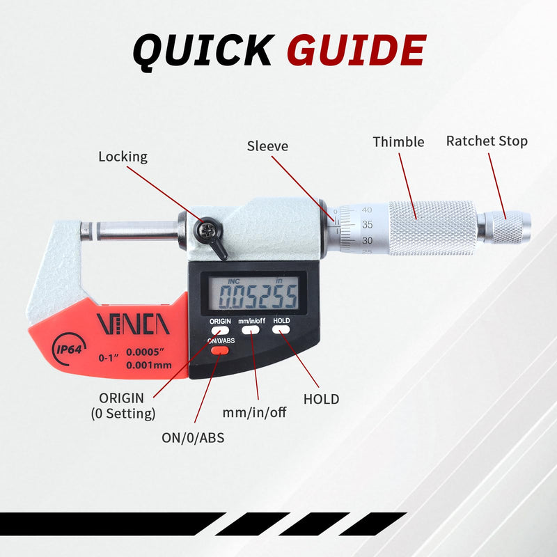 VINCA Absolute IP64 Origin Digital Micrometer, DMCA-0105 0-1"/0-25mm, 0.00005" /0.001mm Resolution, Hold Function, Carbide Tip 0-1"/25mm