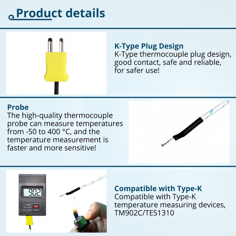 [Australia - AusPower] - 5-Pack K Type Thermocouple, 3M Fiberglass Temp Sensor, 0-500°C (32-932°F), Fast Response Bead Probe for HVAC, Oven, 3D Printer 