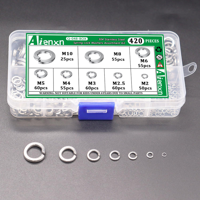 [Australia - AusPower] - 420PCS Metric Sizes 304 Stainless Steel Spring Lock Washers Assortment Kit- M2, M2.5, M3, M4, M5, M6, M8, M10, Prevent Loose Fasteners 420PCS 