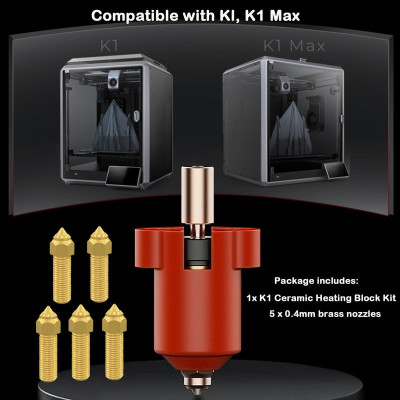 Creality K1 Ceramic Heating Block Kit, 3D Printer 300℃ High Temperature Titanium Alloy Throat Tube Hotend Heat Block Kit with 5PCS 0.4mm Nozzles for K1, K1 Max
