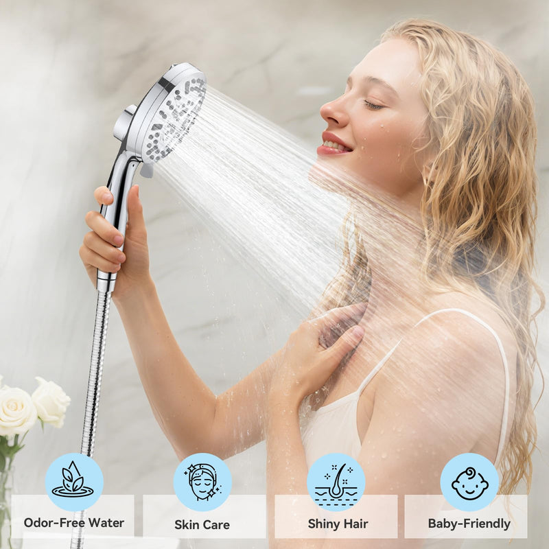 VOXON Magnetic High Pressure Shower Head, 10-Mode Handheld Shower Head, Built-in 2 Power Wash, Adjustable Shower Head with Handheld with Magnetic Docking & 60'' Hose, 2.5 GPM Showerhead with 5'' Face Silver