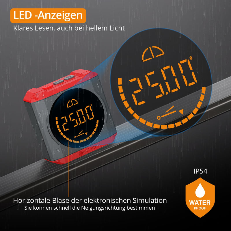[Australia - AusPower] - Neoteck Digital Protractor Inclinometer with LED Display, Rechargeable Spirit Level, Magnetic Base, 4 Units, IP54 Waterproof for Woodwork, Construction, DIY Projects, Red 