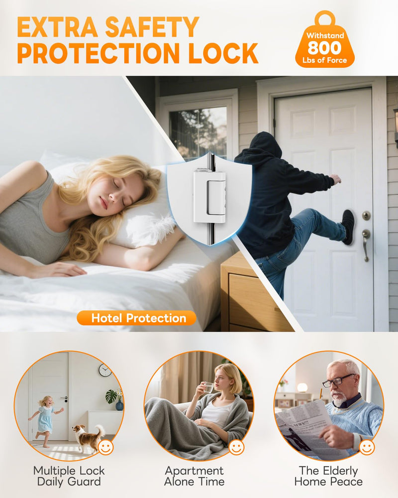 Portable Door Reinforcement Lock for Travel & Home, No Screws Instant Install Safety Lock for Inward Swing Front Door, Hotel, Apartment - Extra Latch from Inside Withstand 800lbs (White-3PCS) White-3PCS