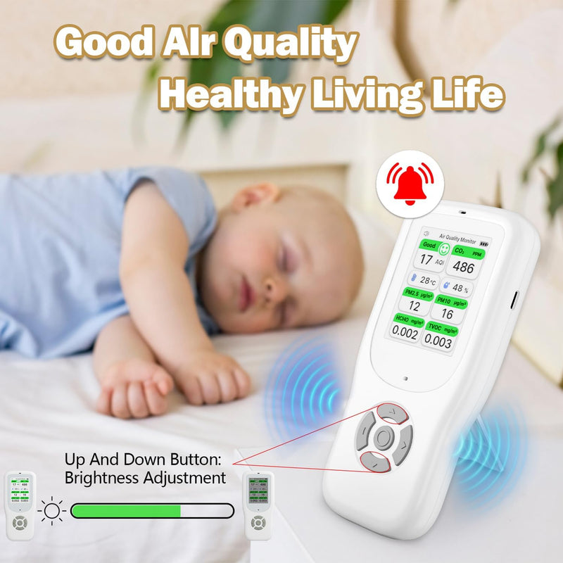 11-in-1 Air Quality Monitor - Portable Indoor Air Quality Detector with Stand, Real-Time Test for AQI, CO2, PM2.5, PM1.0, PM10, TVOC, HCHO, Particles, Humidity & Temperature White-White