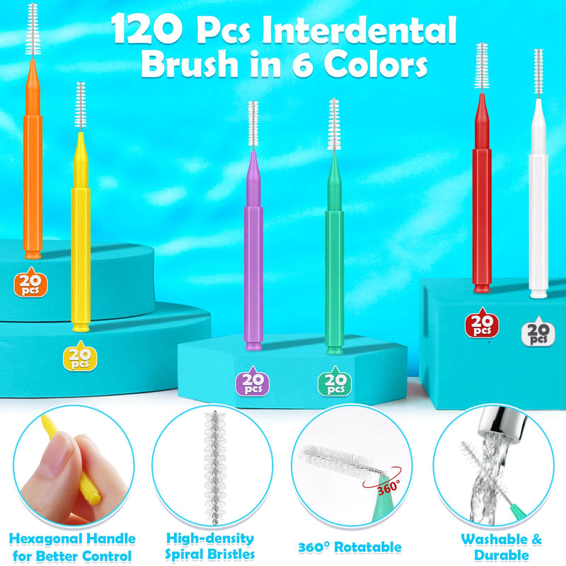 [Australia - AusPower] - Modacraft 120Pcs Interdental Brush 6 Sizes Braces Brush Toothpicks with Soft Bristles 360° Bendable Floss Heads Dental Brushes Between Teeth Gum Braces Cleaning Kit Oral Tooth Cleaning Tool 