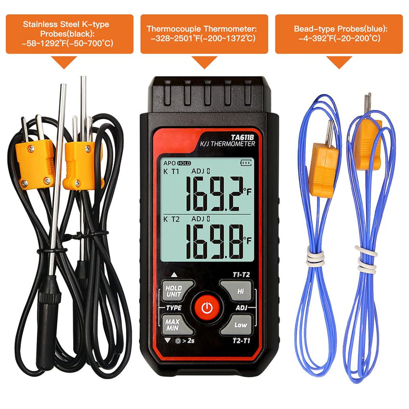 [Australia - AusPower] - Digital Thermocouple Thermometer Dual-Channel K/J Type Thermometer -328~2501℉ Wide Range Industrial HVAC Temperature Meter with 4PCS of K-Type Thermocouple Probes, Alarm,Temp Conpensation 
