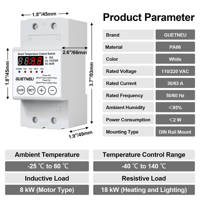 [Australia - AusPower] - 110/220V Temperature Controller, 63A LED Display Temperature Control Switch, -40℉to 284℉Adjustable Thermostat Control Heating and Cooling Mode, for Greenhouse, Hatchery, Cultivation 