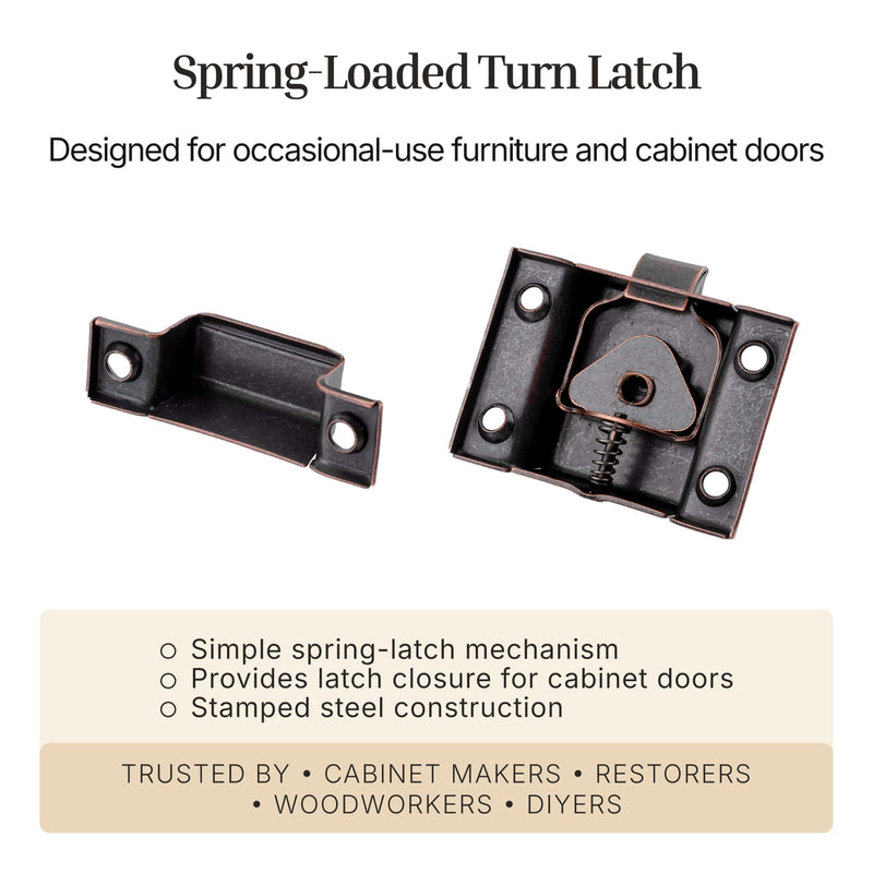 Large Stamped Antique Copper Cabinet Door Latch - 2 1/8" × 2 1/8" - Pack of 4 - Spring Loaded Cupboard Door Latch with Oval Turn - Vintage Cabinet Hardware | UA-140-LAC (4)