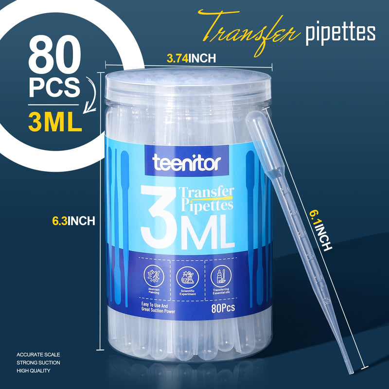 [Australia - AusPower] - Teenitor 80PCS 3ML Pipette Dropper, Eye Dropper, Disposable Plastic Eye Droppers for Crafts, Droppers for Oils Transfer Pipettes for Essential Oil Makeup Science 
