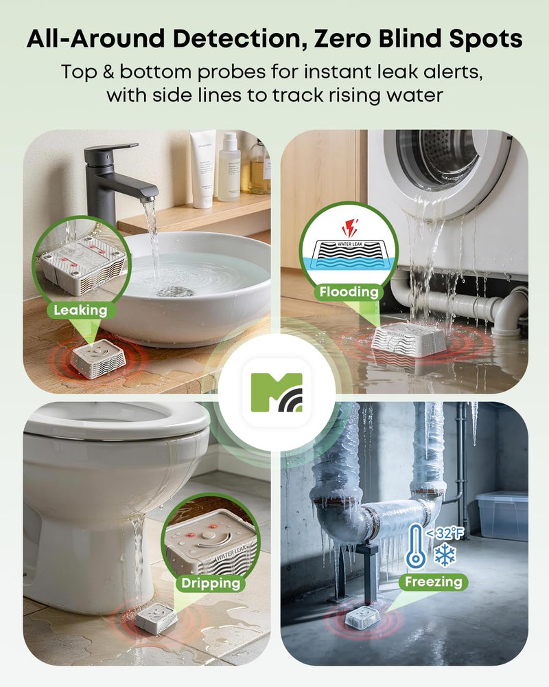 [Australia - AusPower] - MOCREO WiFi Water Leak Detector Kit, 2000ft Long Range, SMS App Email Alerts, 105dB Adjustable Alarm, Leak Severity Tracking, 5-Year Battery Life, IP67 Water Leak Sensor for Basement Kitchen Bathroom 