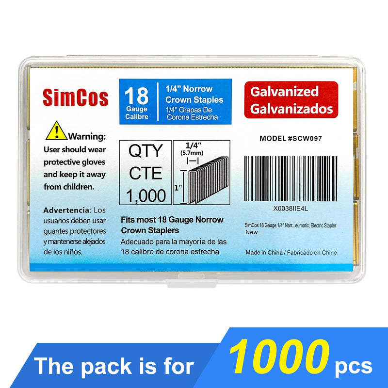 [Australia - AusPower] - 18 Gauge 1/4" Narrow Crown Staples, 1-Inch, Galvanized Project Pack for 18 GA Pneumatic or Electric Stapler or Staple Gun (1000) 1000 