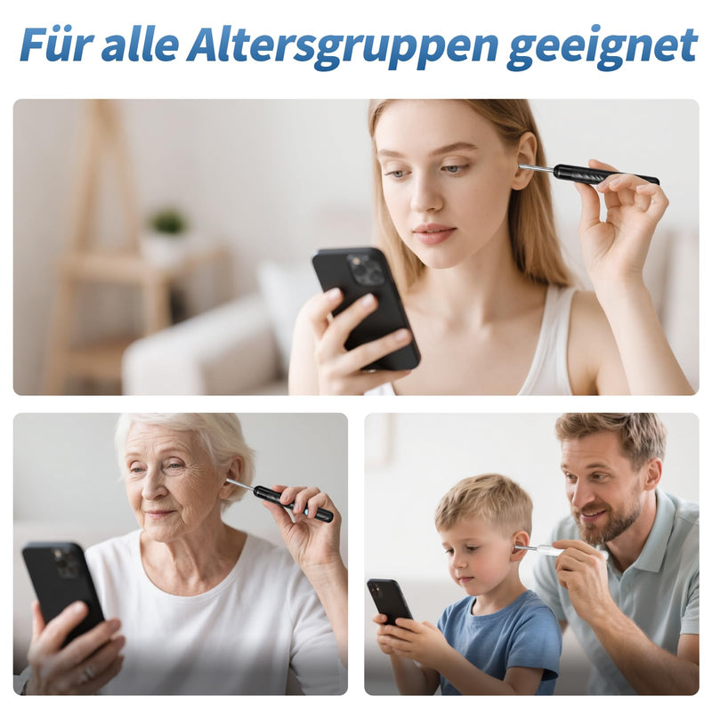 Qimic Visual Ear Cleaner with WiFi, IP67 Waterproof and 360° Wide Angle Camera with 6 LEDs for Adults and Children, Black