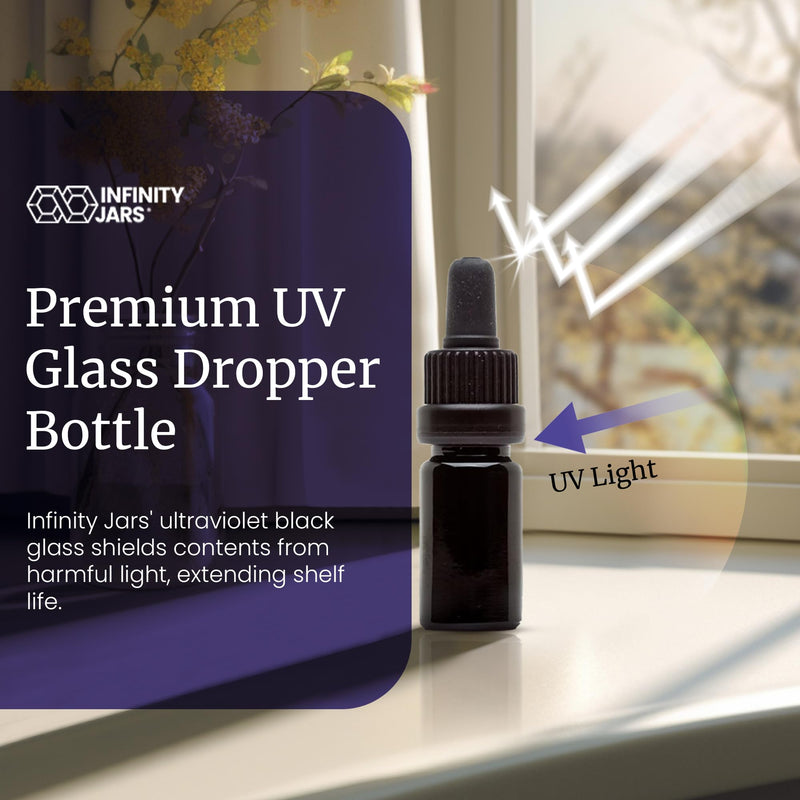 Infinity Jars 5 ml (0.17 Fl oz) UV-Black Glass Tincture Bottle & Dropper Leak‑Proof Travel Vial for Essential Oils, Serums, Micro-Doses, Herbal Extracts, 10-Pack