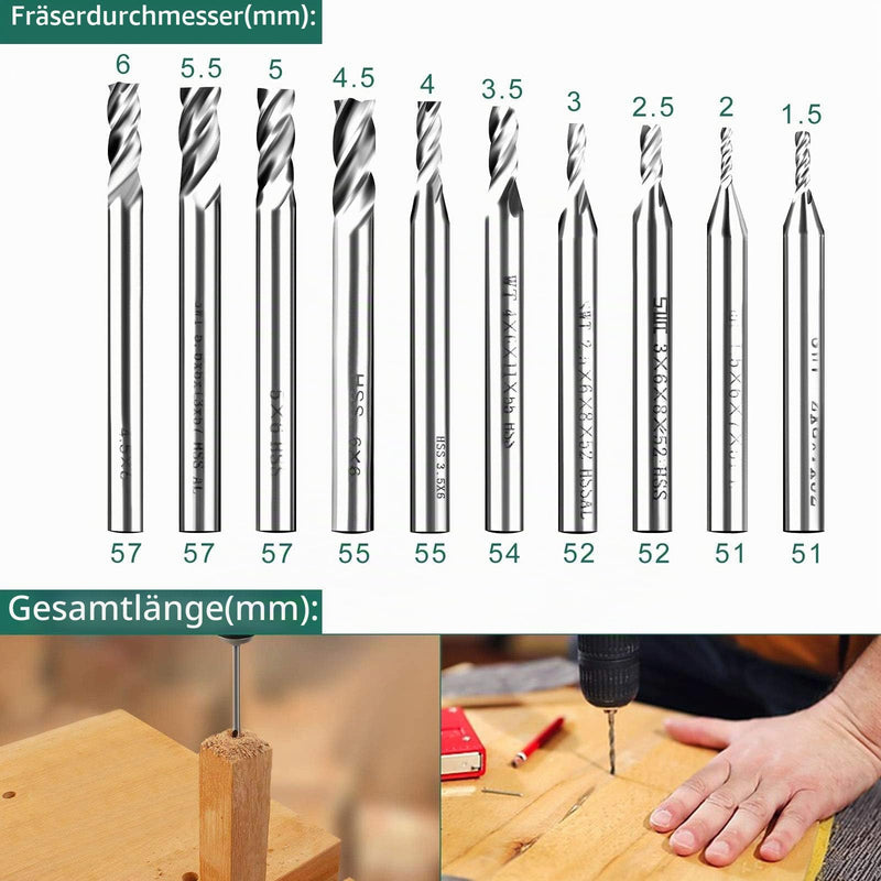 Linkstyle 10 Pieces HSS End Mill, 4 Flute Carbide CNC Groove Cutter Metal Cutter Drill Bit Set, 1.5-6 mm Straight Shank Drill Bits Tool Set for Wood, Aluminum, Steel, Titanium, Wood 10 pieces.