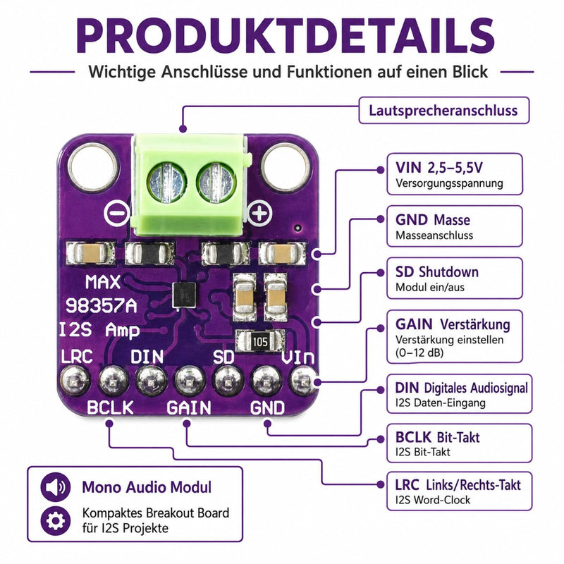 3x MAX98357A I2S DAC Amplifier Module ESP32 with 30x Dupont Cable 20 cm | MAX98357A I2S DAC Amplifier Module Set of 3 3W Mono Class D ESP32 Arduino Raspberry Pi Audio Breakout 30x Dupont Cable 20 cm