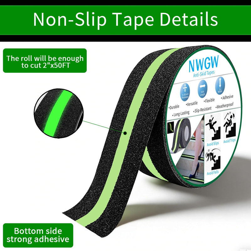 Glow in Dark Anti Slip Tape, 2" x50FT Heavy Duty Waterproof Safety Grip Tape for Stairs, Pool, Bathroom - Black & Glow Stripe Indoor/Outdoor Multi-Purpose Traction Tape 2 Inch x 50 Feet